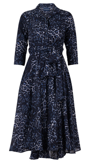 Olivia Dress Shirt Collar 3/4 Sleeve Midi Length Wool (Viper Leopard Big) - Midnight Blue
