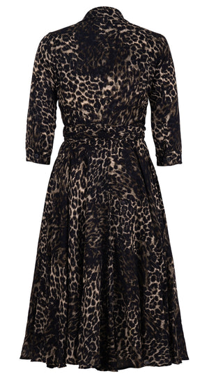 Olivia Dress Shirt Collar 3/4 Sleeve Midi Length Wool (Viper Leopard Big) - Taupe Green