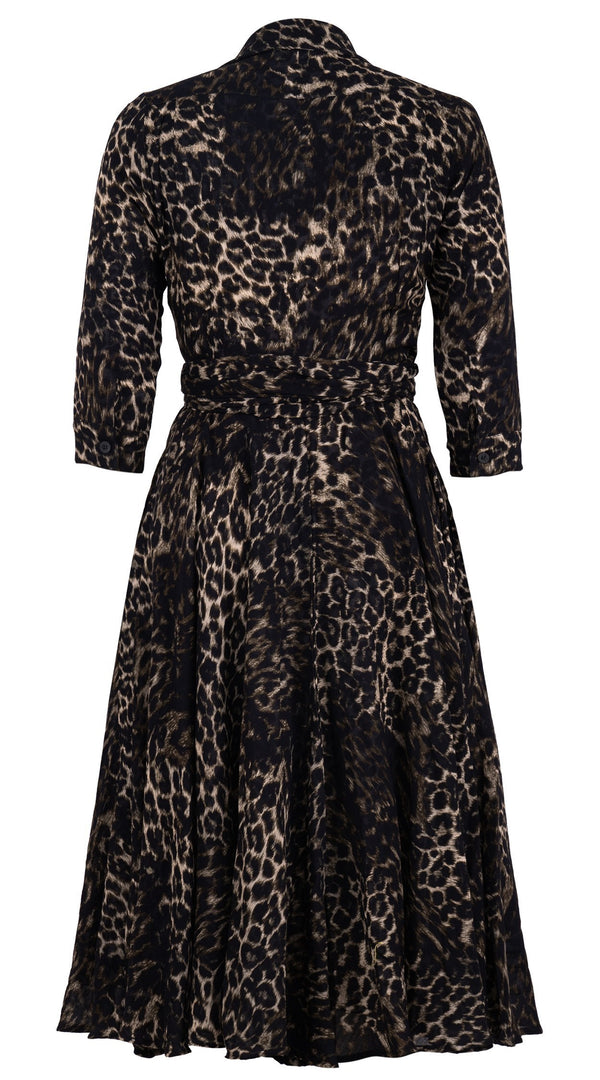 Olivia Dress Shirt Collar 3/4 Sleeve Midi Length Wool (Viper Leopard Big) - Taupe Green