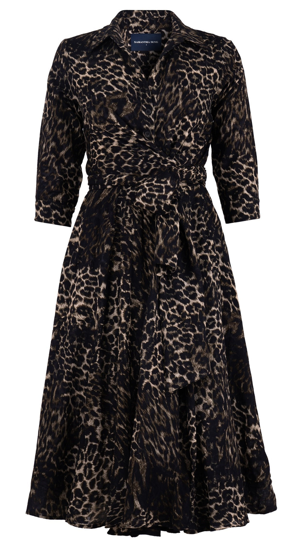 Olivia Dress Shirt Collar 3/4 Sleeve Midi Length Wool (Viper Leopard Big) - Taupe Green