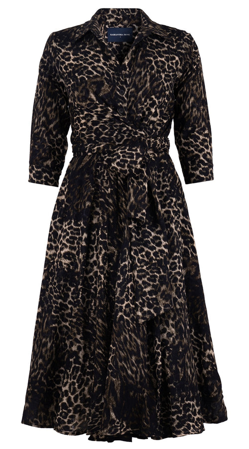 Olivia Dress Shirt Collar 3/4 Sleeve Midi Length Wool (Viper Leopard Big) - Taupe Green