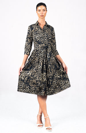 Audrey Dress #1 Shirt Collar 3/4 Sleeve Long Length Cotton Stretch (Viper Leopard Dark)