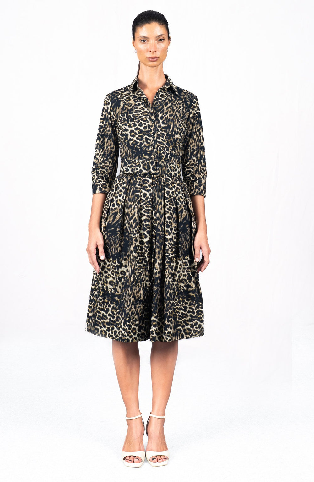 Audrey Dress #1 Shirt Collar 3/4 Sleeve Long Length Cotton Stretch (Viper Leopard Dark)