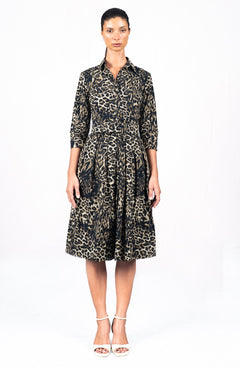 Audrey Dress #1 Shirt Collar 3/4 Sleeve Long Length Cotton Stretch (Viper Leopard Dark)
