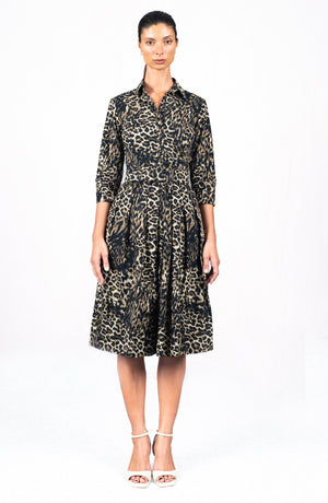 Audrey Dress #1 Shirt Collar 3/4 Sleeve Long Length Cotton Stretch (Viper Leopard Dark)