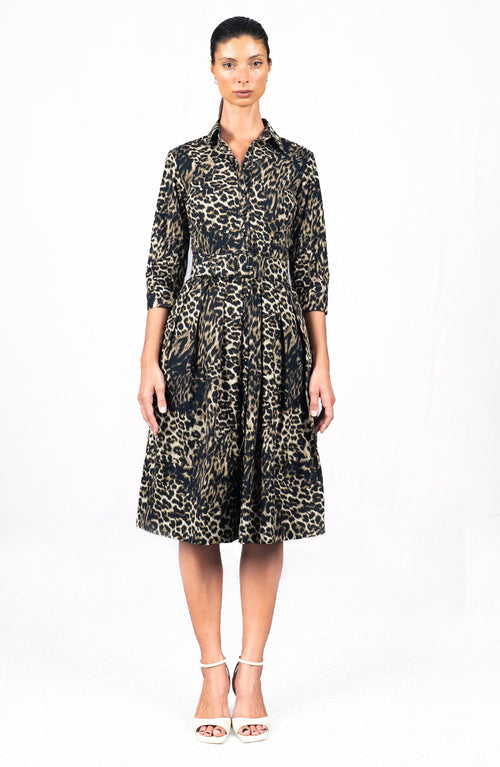 Audrey Dress #1 Shirt Collar 3/4 Sleeve Long Length Cotton Stretch (Viper Leopard Dark)