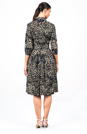 Audrey Dress #1 Shirt Collar 3/4 Sleeve Long Length Cotton Stretch (Viper Leopard Dark)
