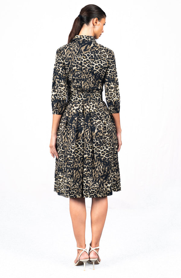 Audrey Dress #1 Shirt Collar 3/4 Sleeve Long Length Cotton Stretch (Viper Leopard Dark)