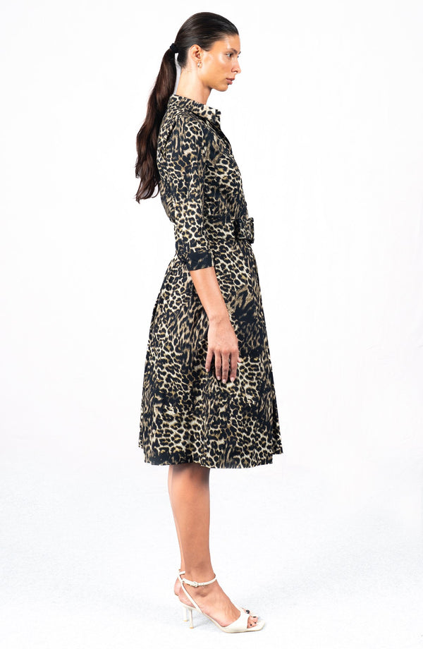 Audrey Dress #1 Shirt Collar 3/4 Sleeve Long Length Cotton Stretch (Viper Leopard Dark)