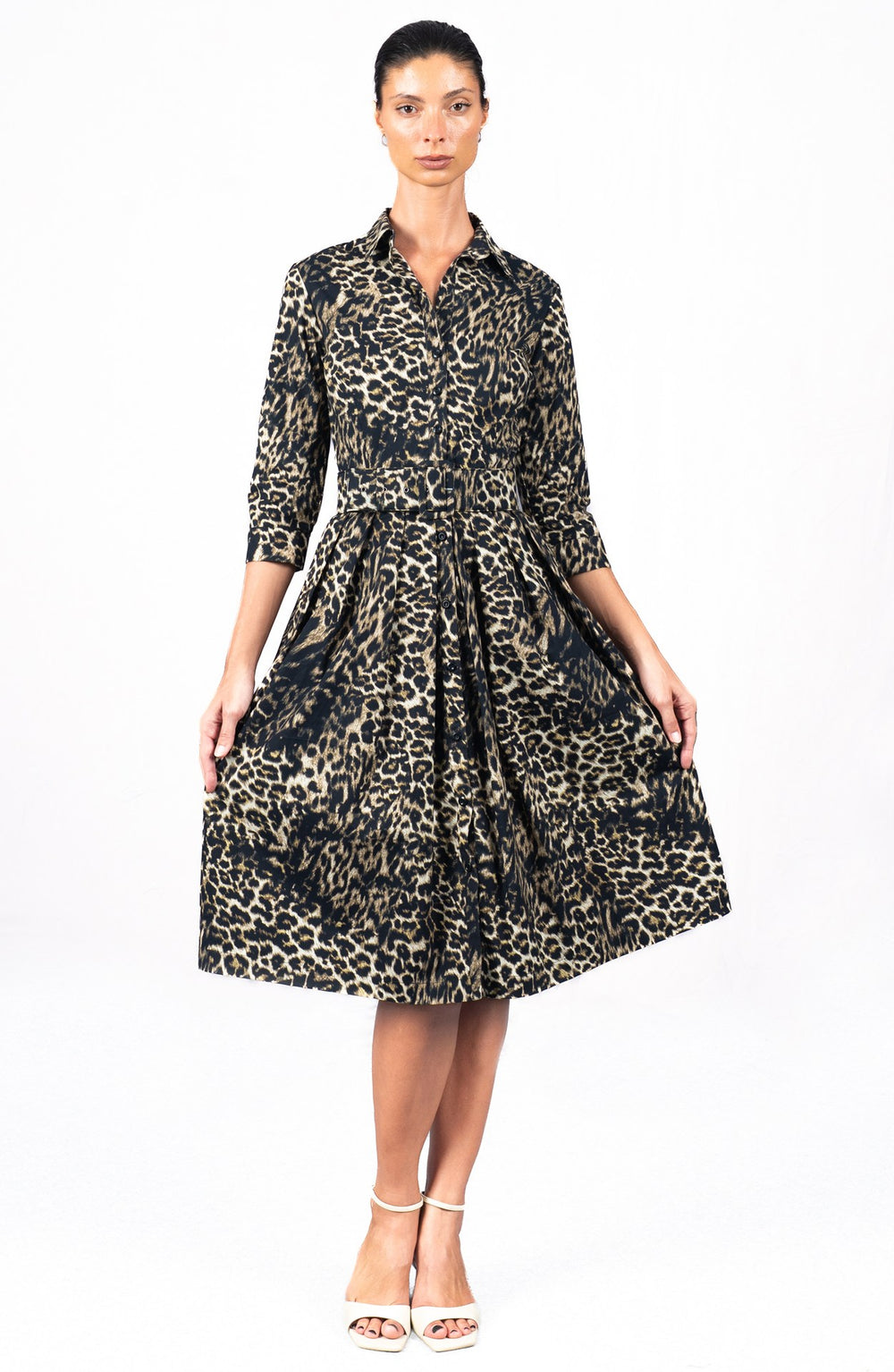 Audrey Dress #1 Shirt Collar 3/4 Sleeve Long Length Cotton Stretch (Viper Leopard Dark)