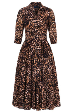 Aster Dress Shirt Collar 3/4 Sleeve Midi Length Cotton Musola (Viper Leopard)