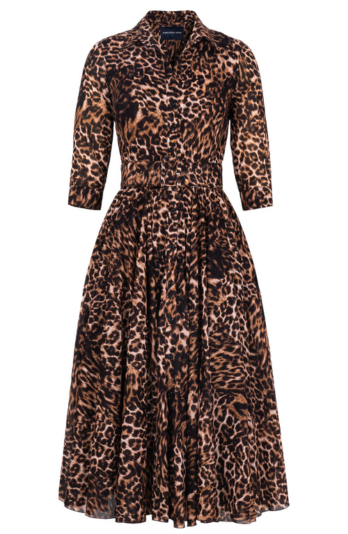 Aster Dress Shirt Collar 3/4 Sleeve Midi Length Cotton Musola (Viper Leopard)