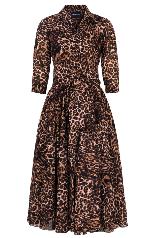Aster Dress Shirt Collar 3/4 Sleeve Midi Length Cotton Musola (Viper Leopard)