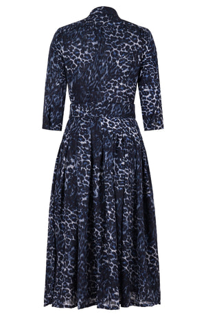 Audrey Dress #4 Shirt Collar 3/4 Sleeve Midi Length Wool (Viper Leopard Dark) - Midnight Blue