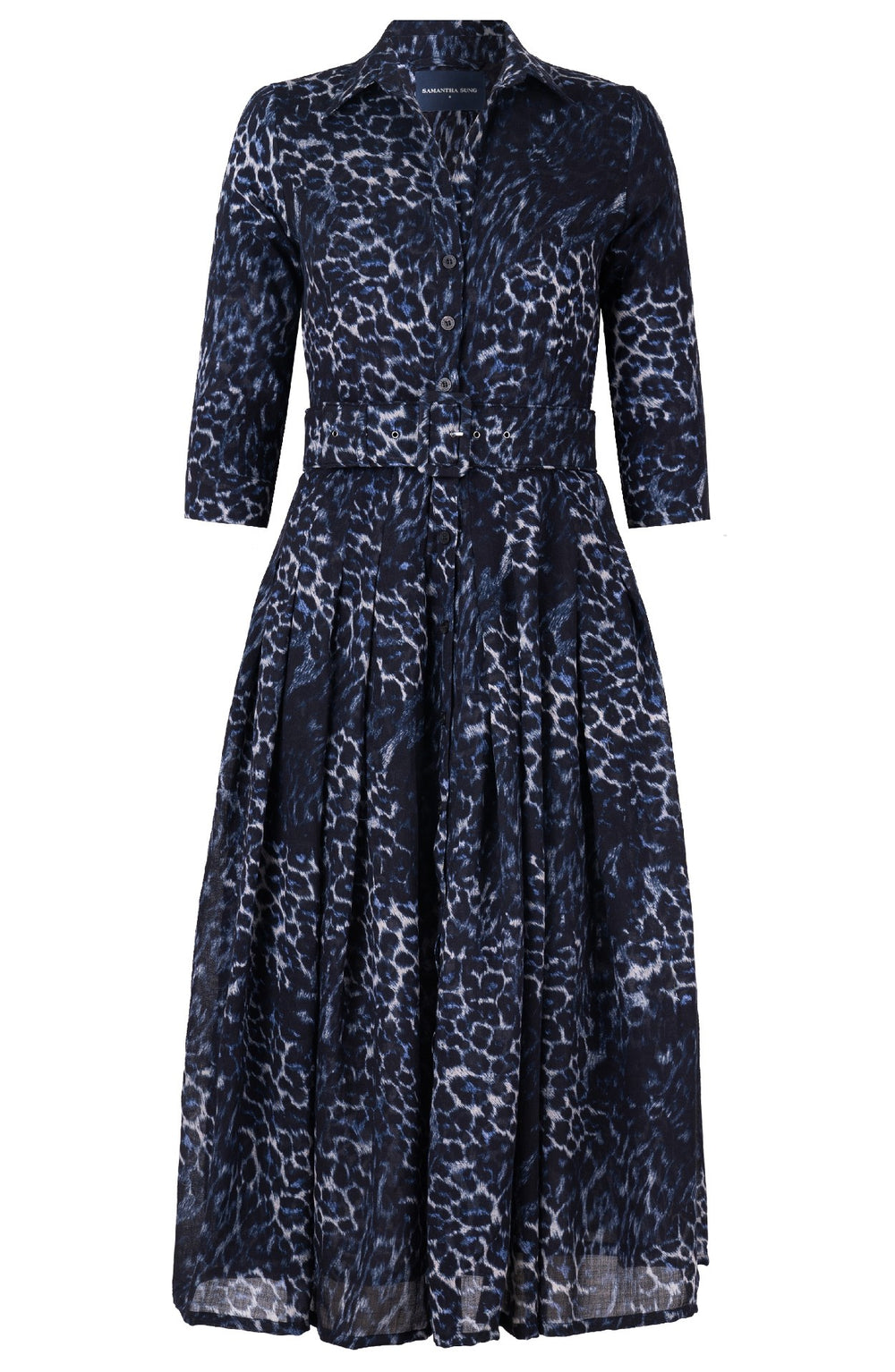 Audrey Dress #4 Shirt Collar 3/4 Sleeve Midi Length Wool (Viper Leopard Dark) - Midnight Blue