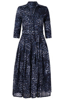Audrey Dress #4 Shirt Collar 3/4 Sleeve Midi Length Wool (Viper Leopard Dark) - Midnight Blue