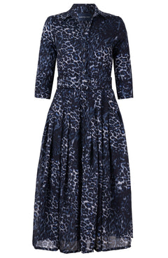 Audrey Dress #4 Shirt Collar 3/4 Sleeve Midi Length Wool (Viper Leopard Dark) - Midnight Blue