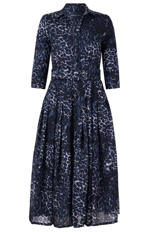 Audrey Dress #4 Shirt Collar 3/4 Sleeve Midi Length Wool (Viper Leopard Dark) - Midnight Blue