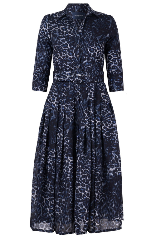 Audrey Dress #4 Shirt Collar 3/4 Sleeve Midi Length Wool (Viper Leopard Dark) - Midnight Blue