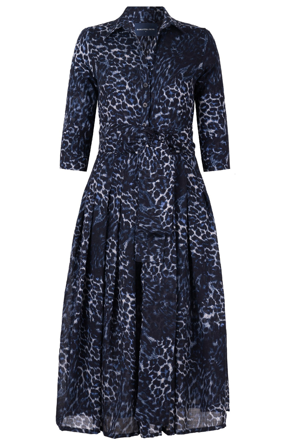 Audrey Dress #4 Shirt Collar 3/4 Sleeve Midi Length Wool (Viper Leopard Dark) - Midnight Blue
