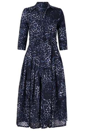 Audrey Dress #4 Shirt Collar 3/4 Sleeve Midi Length Wool (Viper Leopard Dark) - Midnight Blue