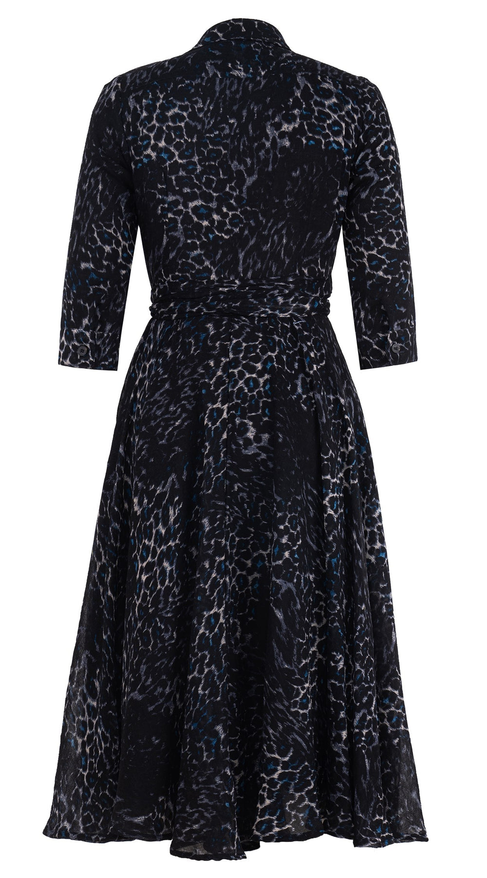 Olivia Dress Shirt Collar 3/4 Sleeve Midi Length Wool (Viper Leopard Big) - Midnight Blue