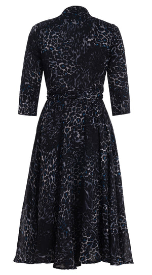 Olivia Dress Shirt Collar 3/4 Sleeve Midi Length Wool Musola (Viper Leopard Big) - Midnight Blue