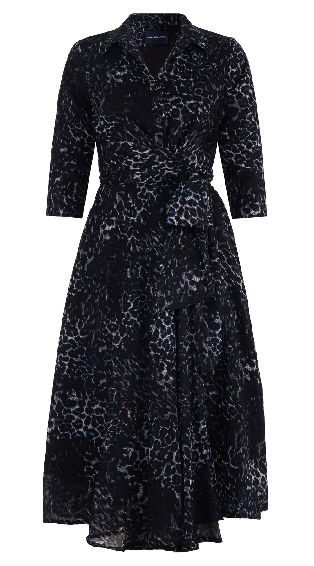 Olivia Dress Shirt Collar 3/4 Sleeve Midi Length Wool Musola (Viper Leopard Big) - Midnight Blue