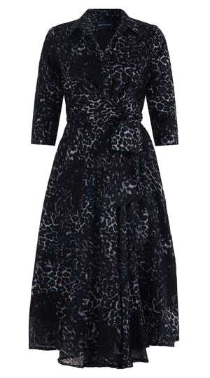 Olivia Dress Shirt Collar 3/4 Sleeve Midi Length Wool Musola (Viper Leopard Big) - Midnight Blue