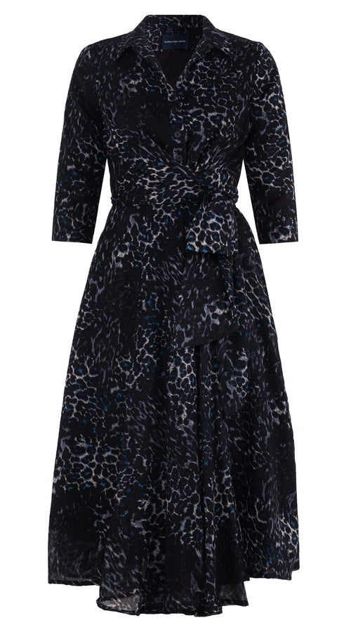 Olivia Dress Shirt Collar 3/4 Sleeve Midi Length Wool Musola (Viper Leopard Big) - Midnight Blue