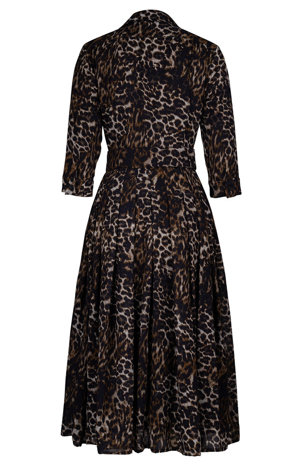 Audrey Dress #4 Shirt Collar 3/4 Sleeve Midi Length Wool (Viper Leopard Dark) - Sepia Taupe