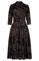 Audrey Dress #4 Shirt Collar 3/4 Sleeve Midi Length Wool (Viper Leopard Dark) - Sepia Taupe