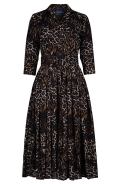 Audrey Dress #4 Shirt Collar 3/4 Sleeve Midi Length Wool (Viper Leopard Dark) - Sepia Taupe