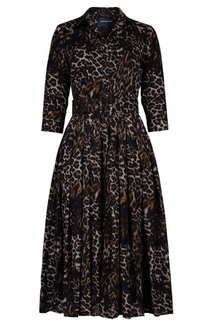 Audrey Dress #4 Shirt Collar 3/4 Sleeve Midi Length Wool (Viper Leopard Dark) - Sepia Taupe