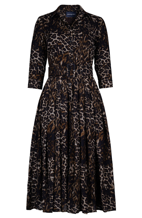 Audrey Dress #4 Shirt Collar 3/4 Sleeve Midi Length Wool (Viper Leopard Dark) - Sepia Taupe