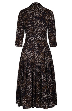 Audrey Dress #4 Shirt Collar 3/4 Sleeve Midi Length Wool (Viper Leopard Dark) - Sepia Taupe