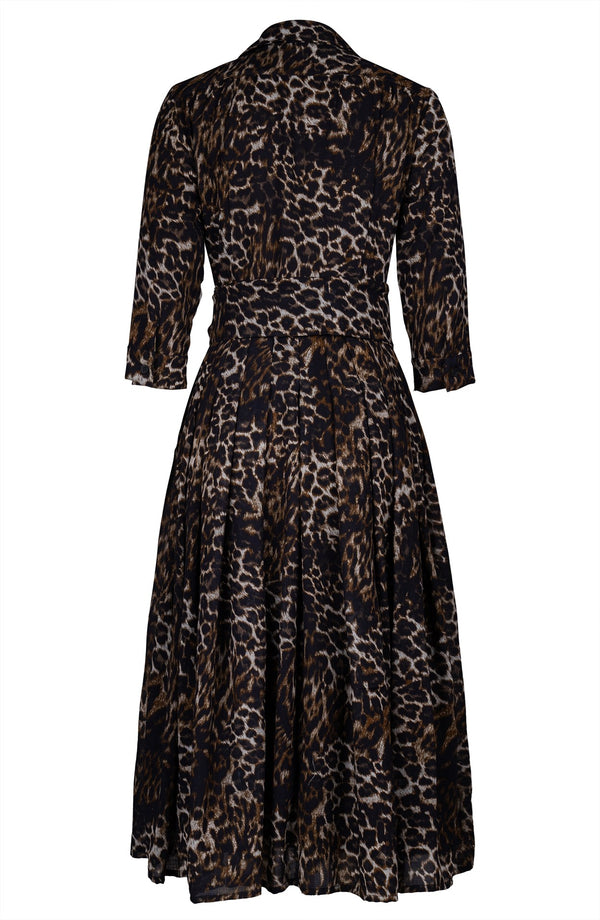 Audrey Dress #4 Shirt Collar 3/4 Sleeve Midi Length Wool (Viper Leopard Dark) - Sepia Taupe