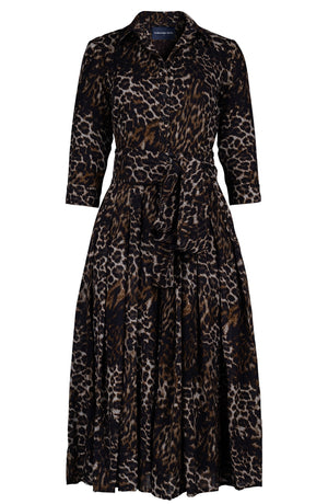 Audrey Dress #4 Shirt Collar 3/4 Sleeve Midi Length Wool (Viper Leopard Dark) - Sepia Taupe