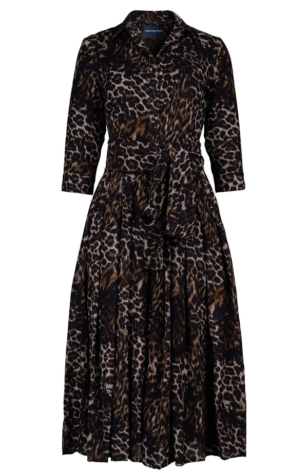 Audrey Dress #4 Shirt Collar 3/4 Sleeve Midi Length Wool (Viper Leopard Dark) - Sepia Taupe