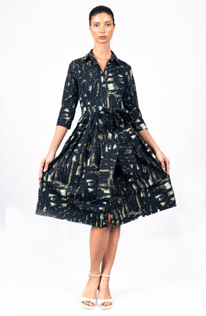 Audrey Dress #1 Shirt Collar 3/4 Sleeve Long Length Cotton Stretch (Viper Zebra)