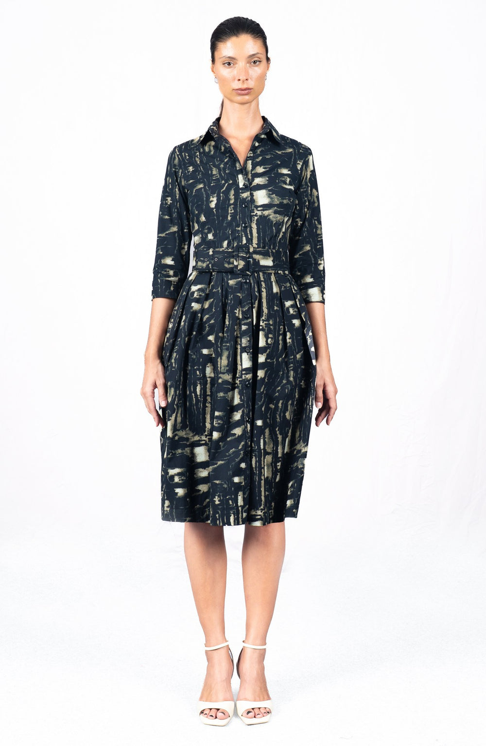 Audrey Dress #1 Shirt Collar 3/4 Sleeve Long Length Cotton Stretch (Viper Zebra)