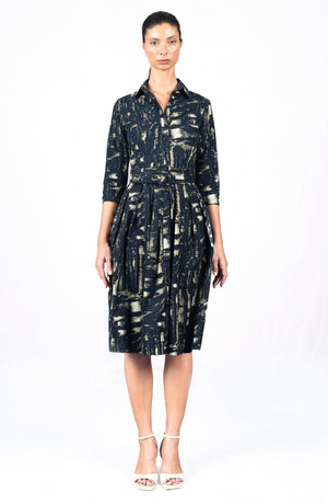 Audrey Dress #1 Shirt Collar 3/4 Sleeve Long Length Cotton Stretch (Viper Zebra)