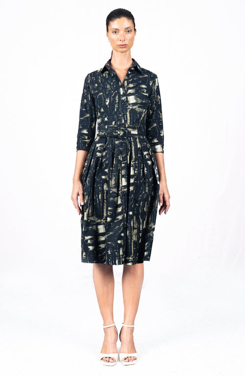 Audrey Dress #1 Shirt Collar 3/4 Sleeve Long Length Cotton Stretch (Viper Zebra)