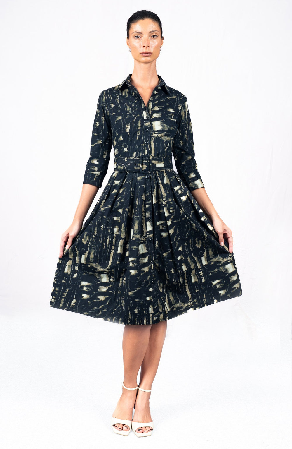 Audrey Dress #1 Shirt Collar 3/4 Sleeve Long Length Cotton Stretch (Viper Zebra)