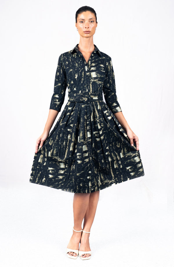 Audrey Dress #1 Shirt Collar 3/4 Sleeve Long Length Cotton Stretch (Viper Zebra)