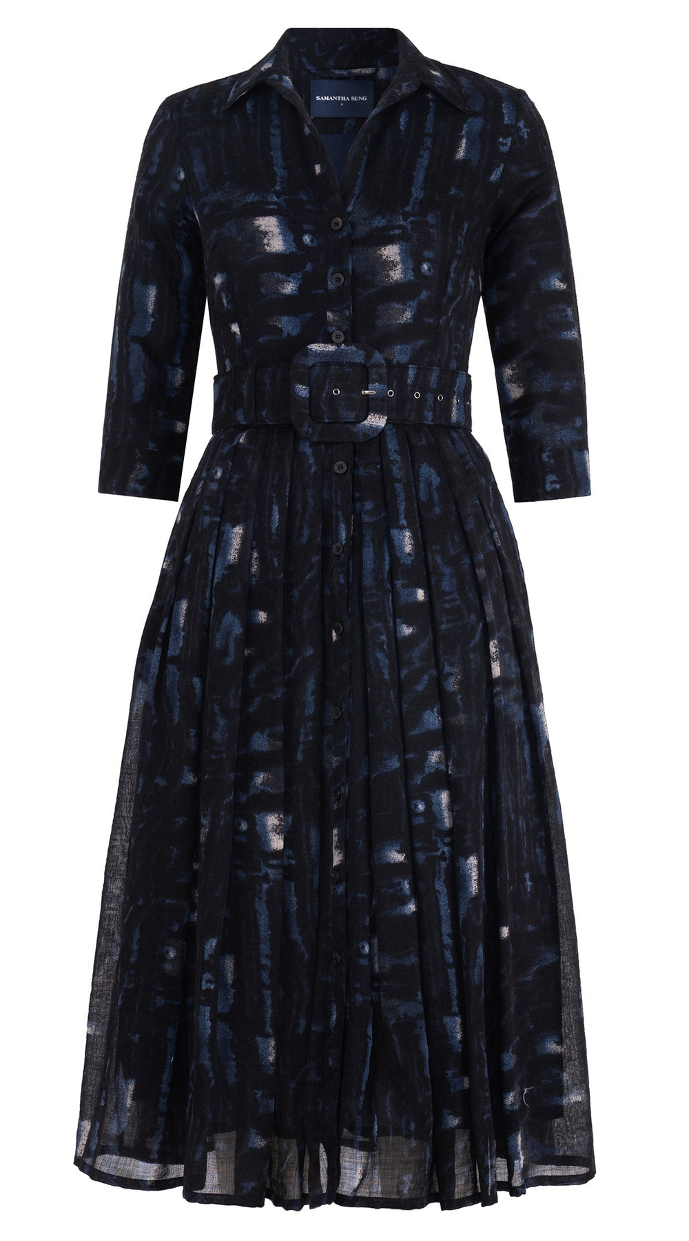 Audrey Dress #4 Shirt Collar 3/4 Sleeve Midi Length Wool Musola (Viper Zebra) - Midnight Blue