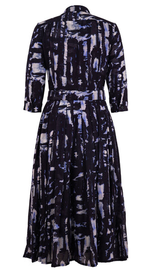 Audrey Dress #4 Shirt Collar 3/4 Sleeve Midi Length Wool (Viper Zebra) - Midnight Blue