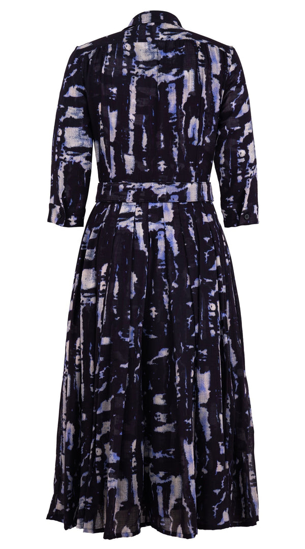 Audrey Dress #4 Shirt Collar 3/4 Sleeve Midi Length Wool (Viper Zebra) - Midnight Blue