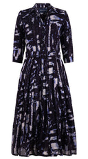 Audrey Dress #4 Shirt Collar 3/4 Sleeve Midi Length Wool (Viper Zebra) - Midnight Blue