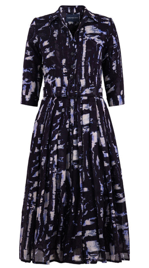 Audrey Dress #4 Shirt Collar 3/4 Sleeve Midi Length Wool (Viper Zebra) - Midnight Blue